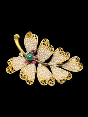 Vintage BSK Figural Leaf Brooch With Faux Pearls and Rhinestones Signed